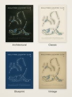 Hollytree Country Club course map poster in four styles: Architectural, Classic, Blueprint and Vintage
