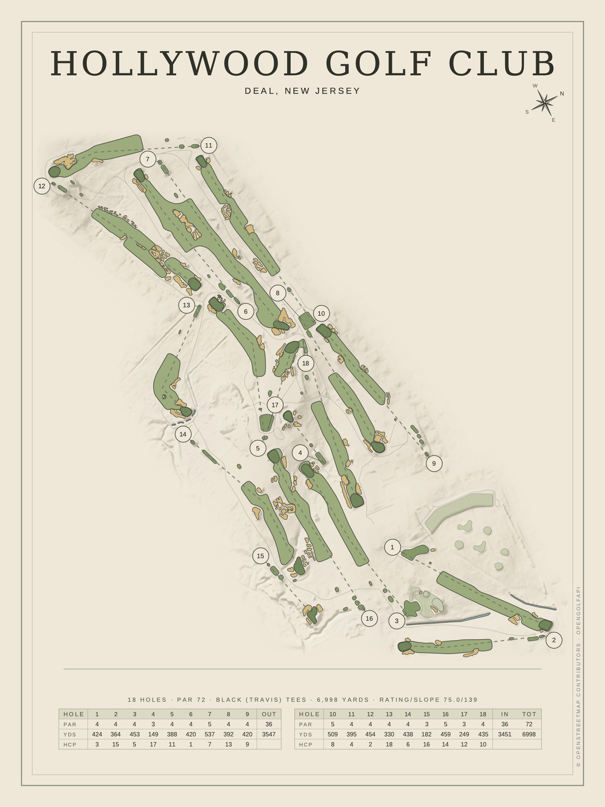 Hollywood Golf Club course map poster, Classic style, 12×16 / 18×24
