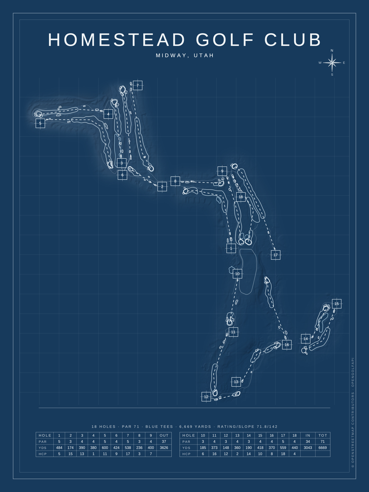Homestead Golf Club course map poster, Blueprint style, 12×16 / 18×24