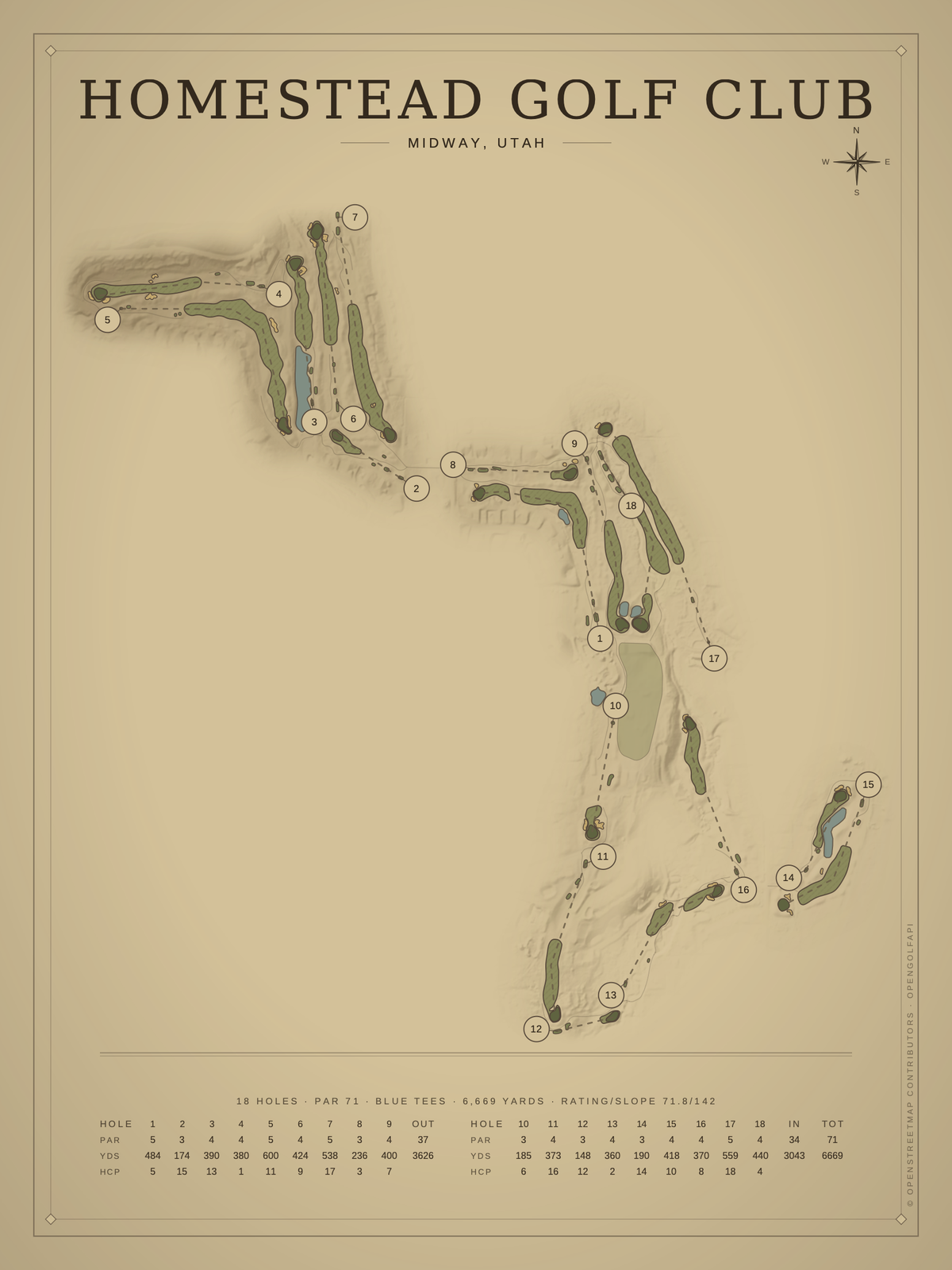 Homestead Golf Club course map poster, Vintage style, 12×16 / 18×24