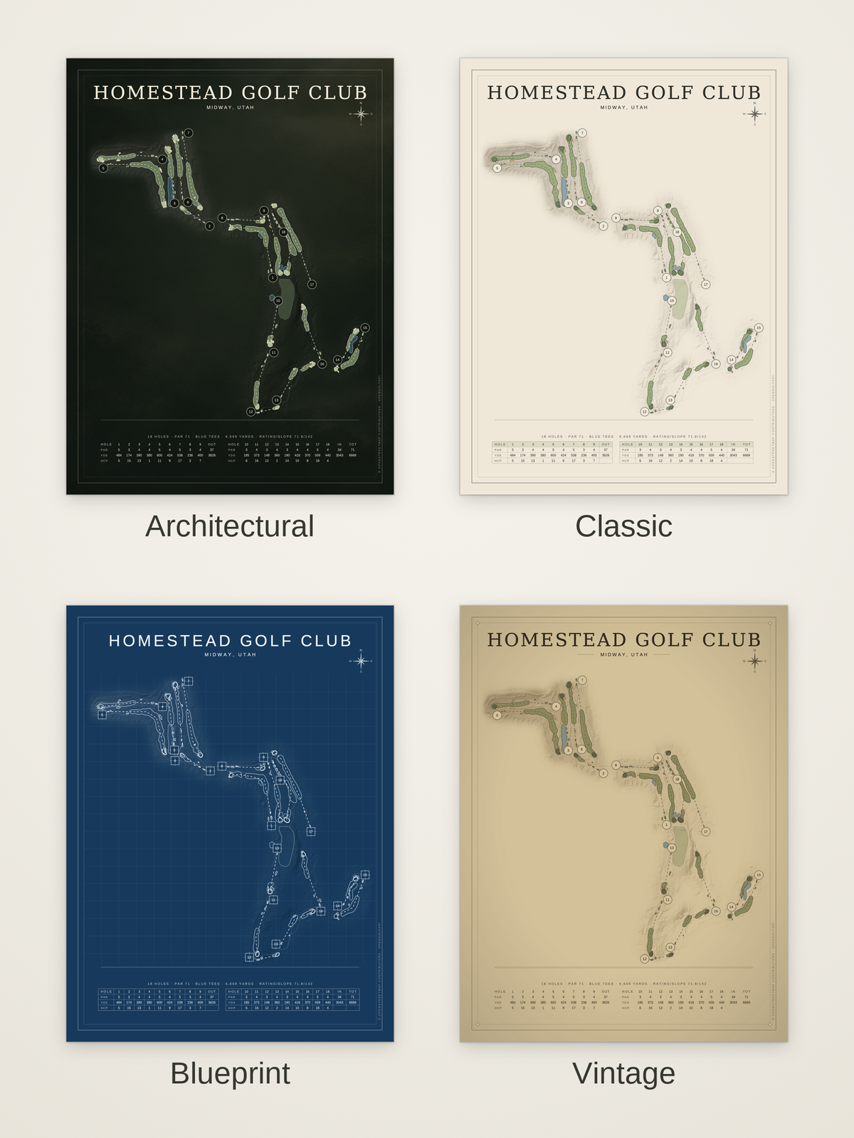Homestead Golf Club course map poster in four styles: Architectural, Classic, Blueprint and Vintage