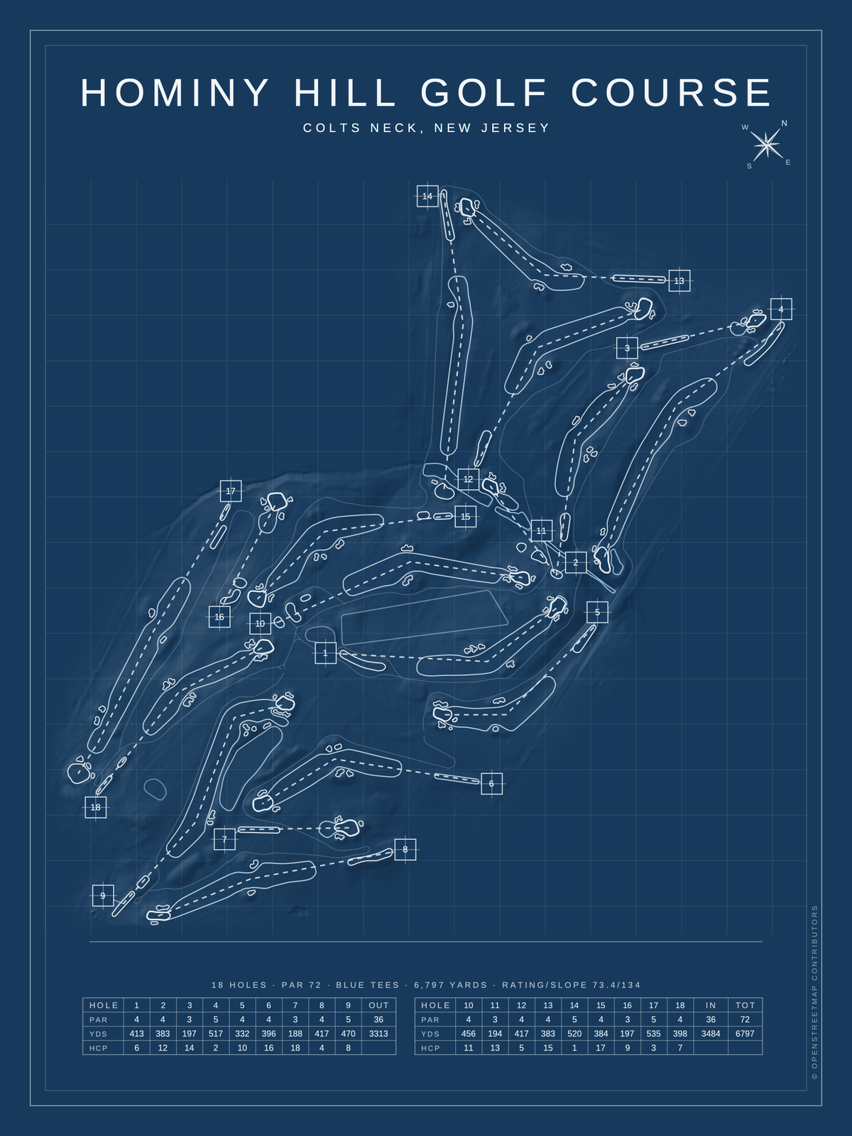 Hominy Hill Golf Course map poster, Blueprint style, 12×16 / 18×24