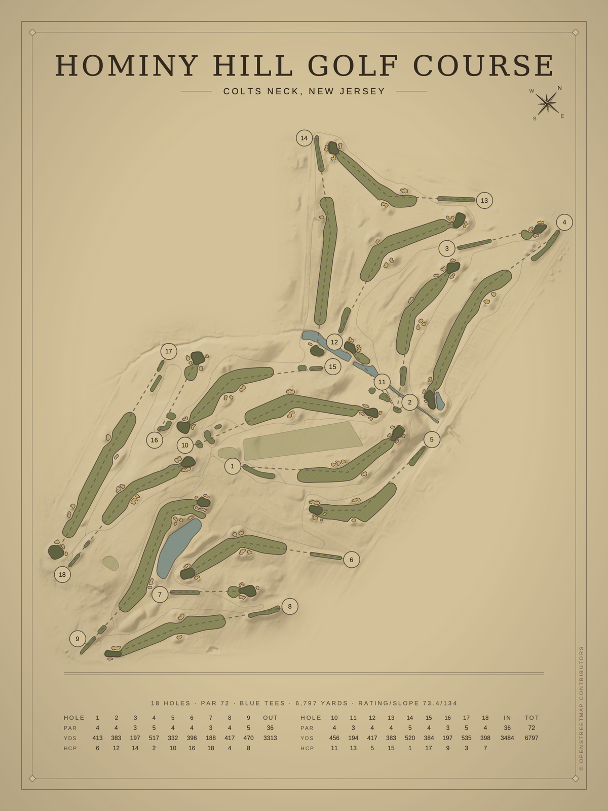 Hominy Hill Golf Course map poster, Vintage style, 12×16 / 18×24