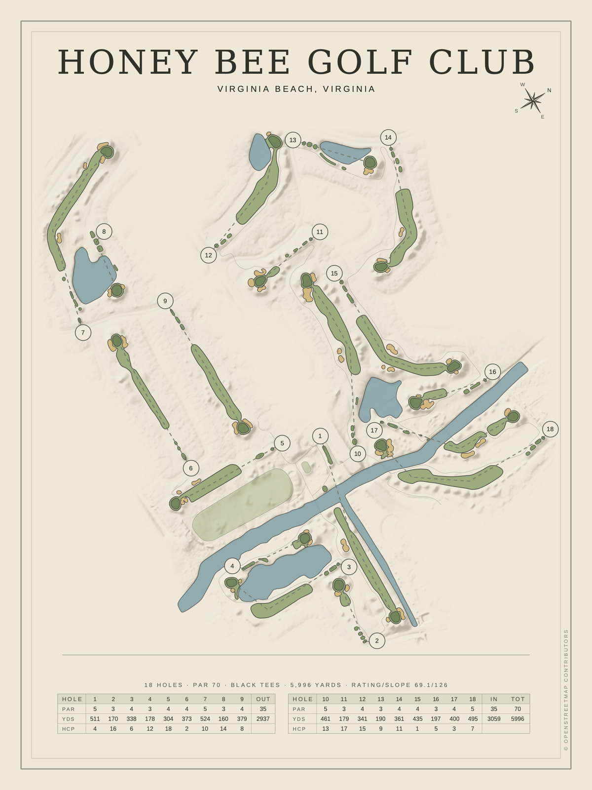 Honey Bee Golf Club course map poster, Classic style, 12×16 / 18×24