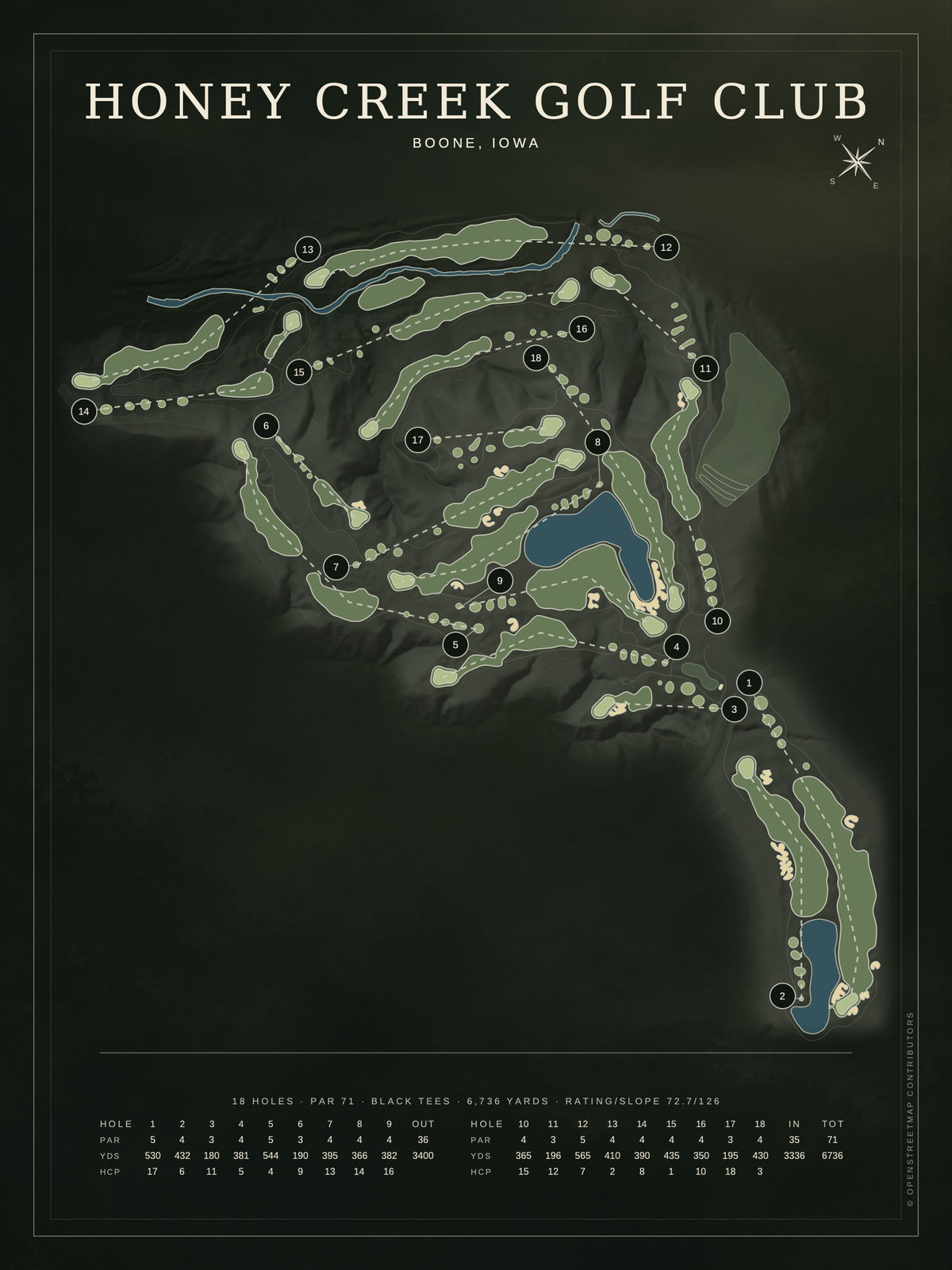 Honey Creek Golf Club course map poster, Architectural style, 12×16 / 18×24