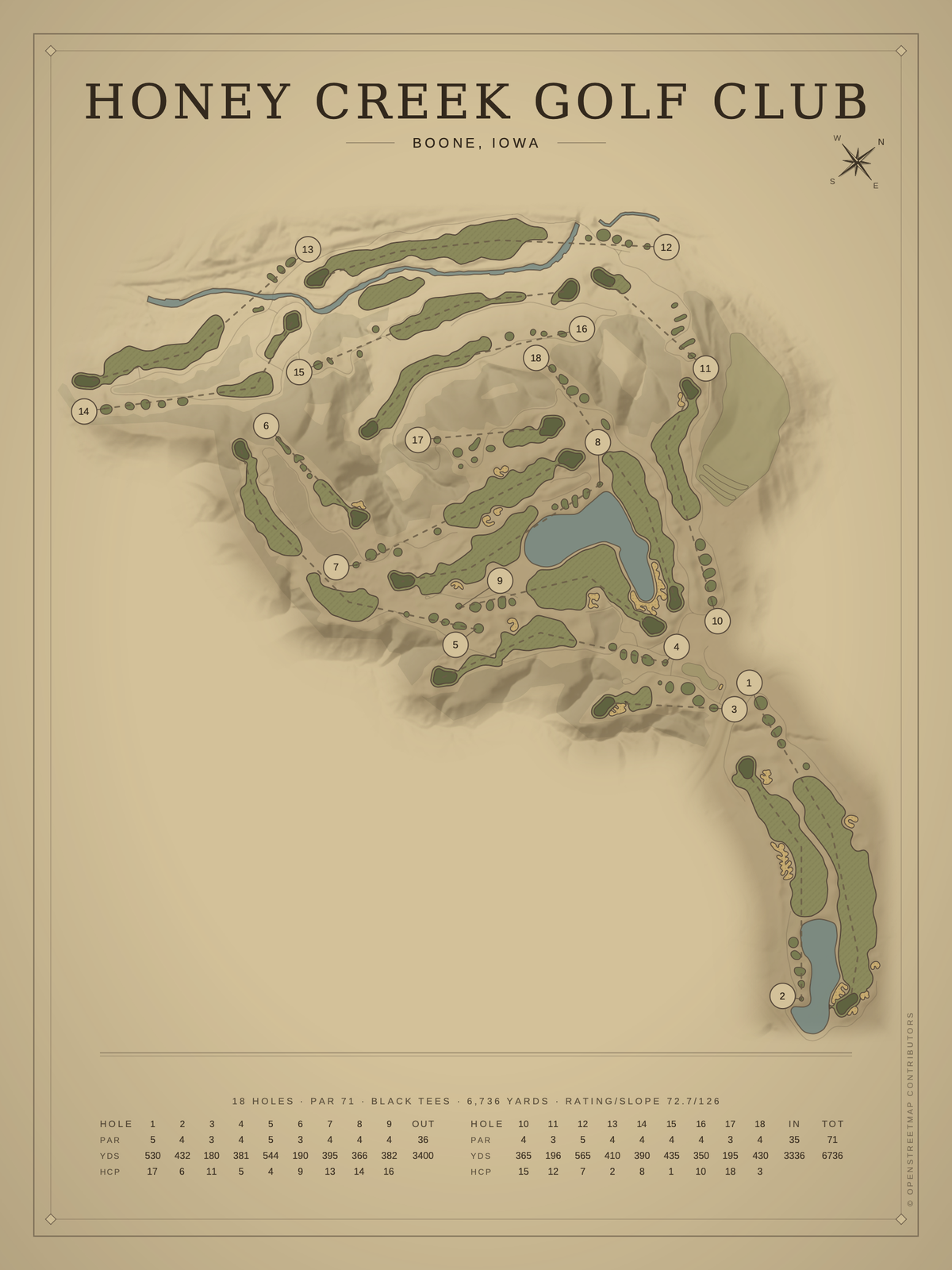 Honey Creek Golf Club course map poster, Vintage style, 12×16 / 18×24