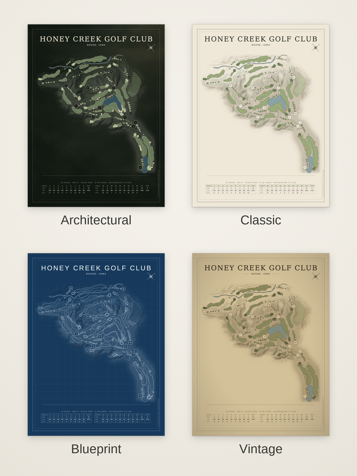 Honey Creek Golf Club course map poster in four styles: Architectural, Classic, Blueprint and Vintage