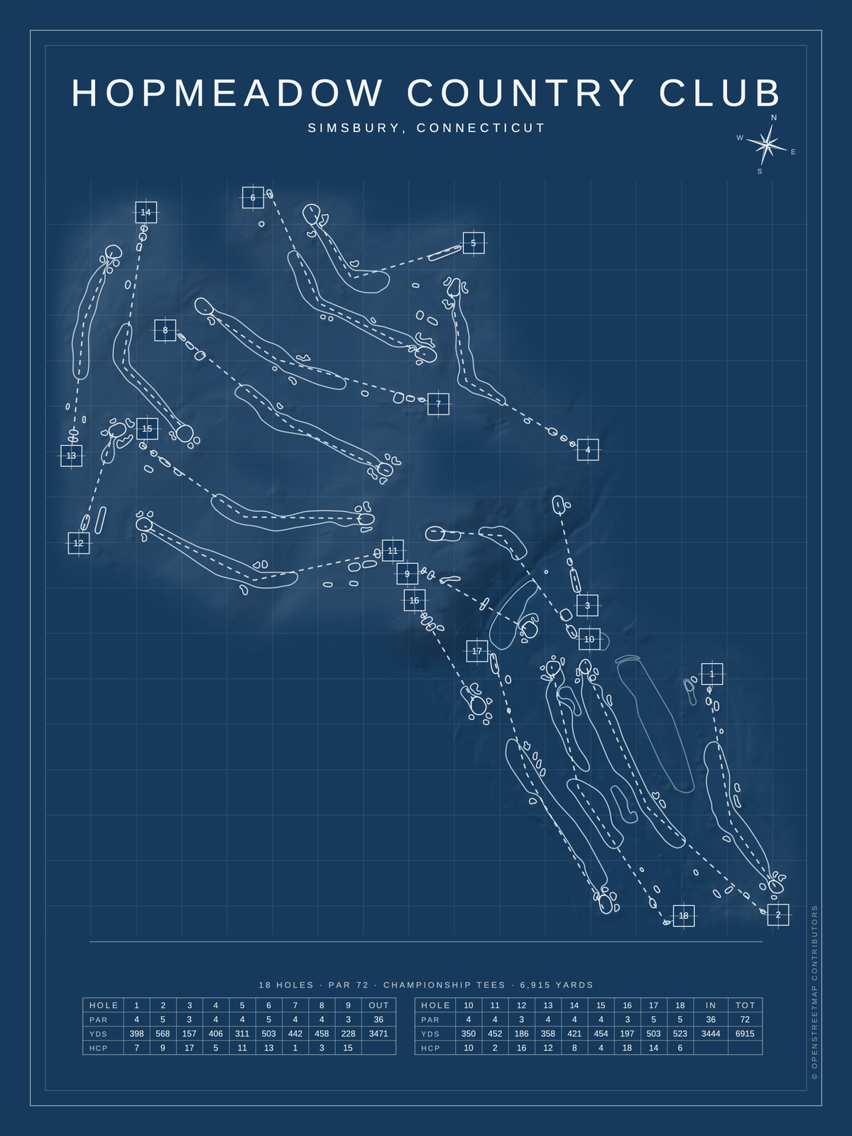 Hopmeadow Country Club course map poster, Blueprint style, 12×16 / 18×24