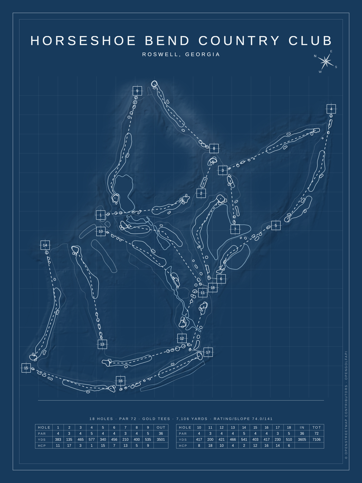 Horseshoe Bend Country Club course map poster, Blueprint style, 12×16 / 18×24