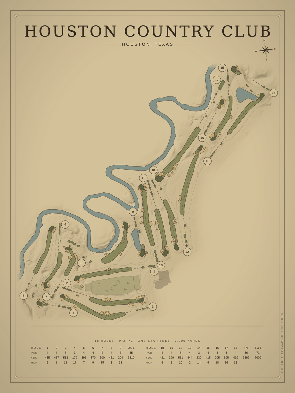 Houston Country Club course map poster, Vintage style, 12×16 / 18×24