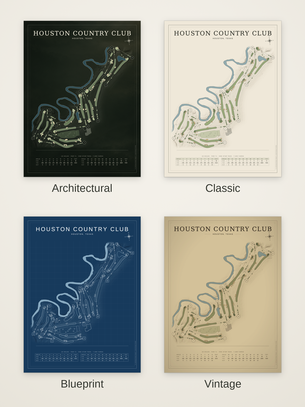 Houston Country Club course map poster in four styles: Architectural, Classic, Blueprint and Vintage