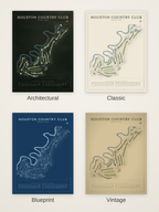Houston Country Club course map poster in four styles: Architectural, Classic, Blueprint and Vintage
