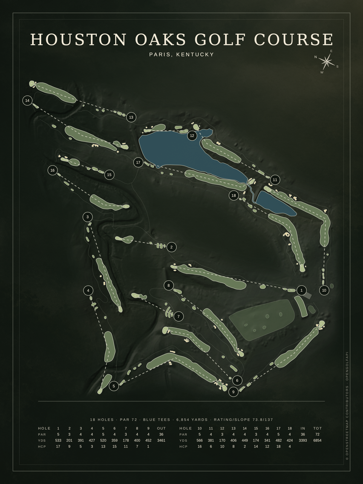 Houston Oaks Golf Course map poster, Architectural style, 12×16 / 18×24