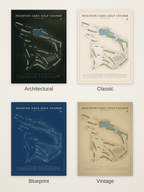 Houston Oaks Golf Course map poster in four styles: Architectural, Classic, Blueprint and Vintage
