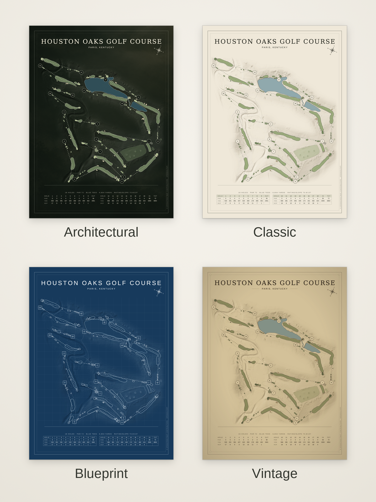 Houston Oaks Golf Course map poster in four styles: Architectural, Classic, Blueprint and Vintage