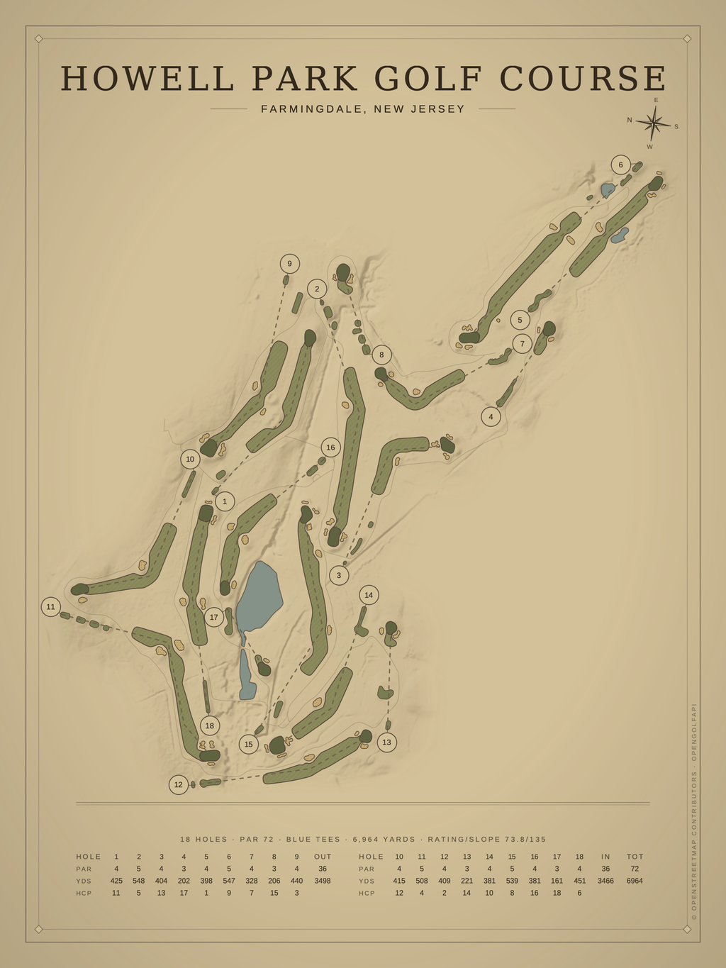 Howell Park Golf Course map poster, Vintage style, 12×16 / 18×24