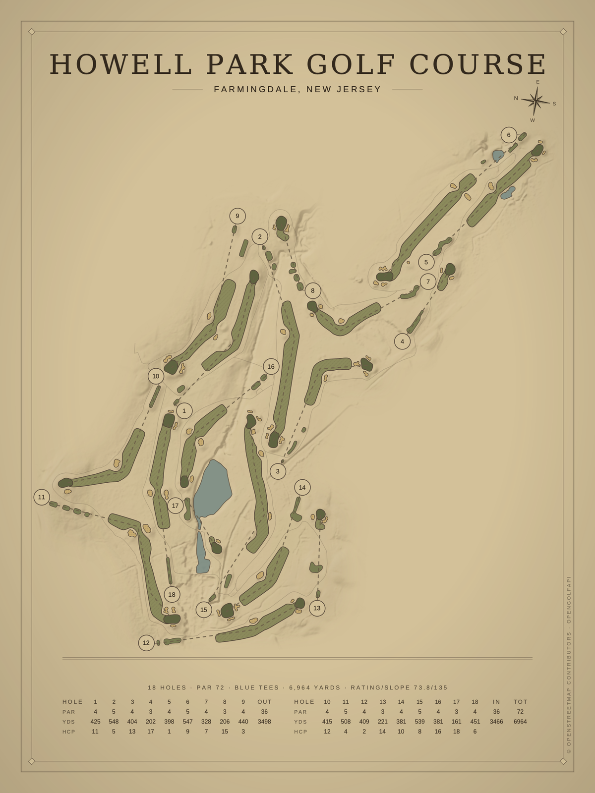 Howell Park Golf Course map poster, Vintage style, 12×16 / 18×24