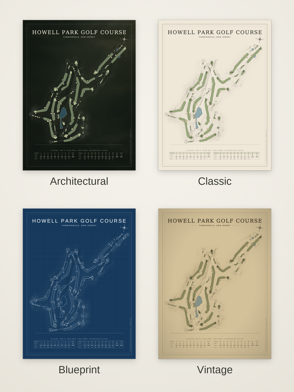 Howell Park Golf Course map poster in four styles: Architectural, Classic, Blueprint and Vintage