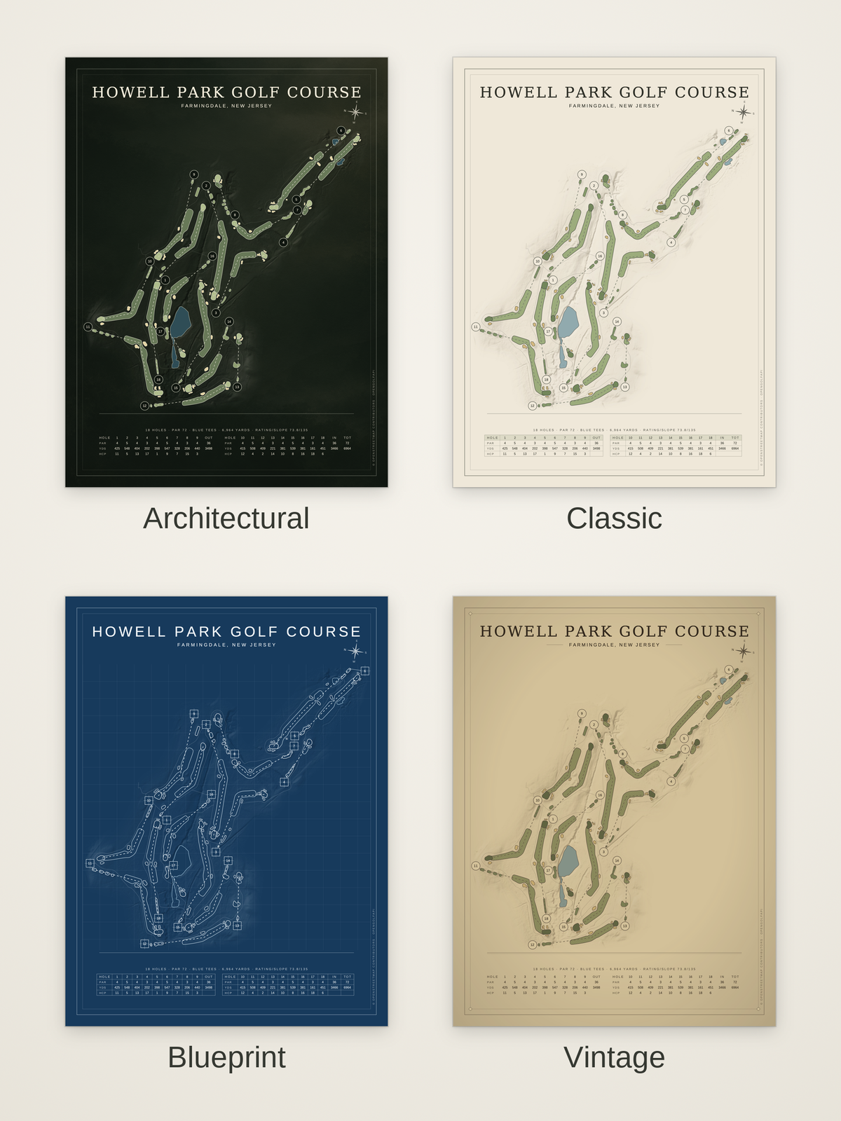 Howell Park Golf Course map poster in four styles: Architectural, Classic, Blueprint and Vintage