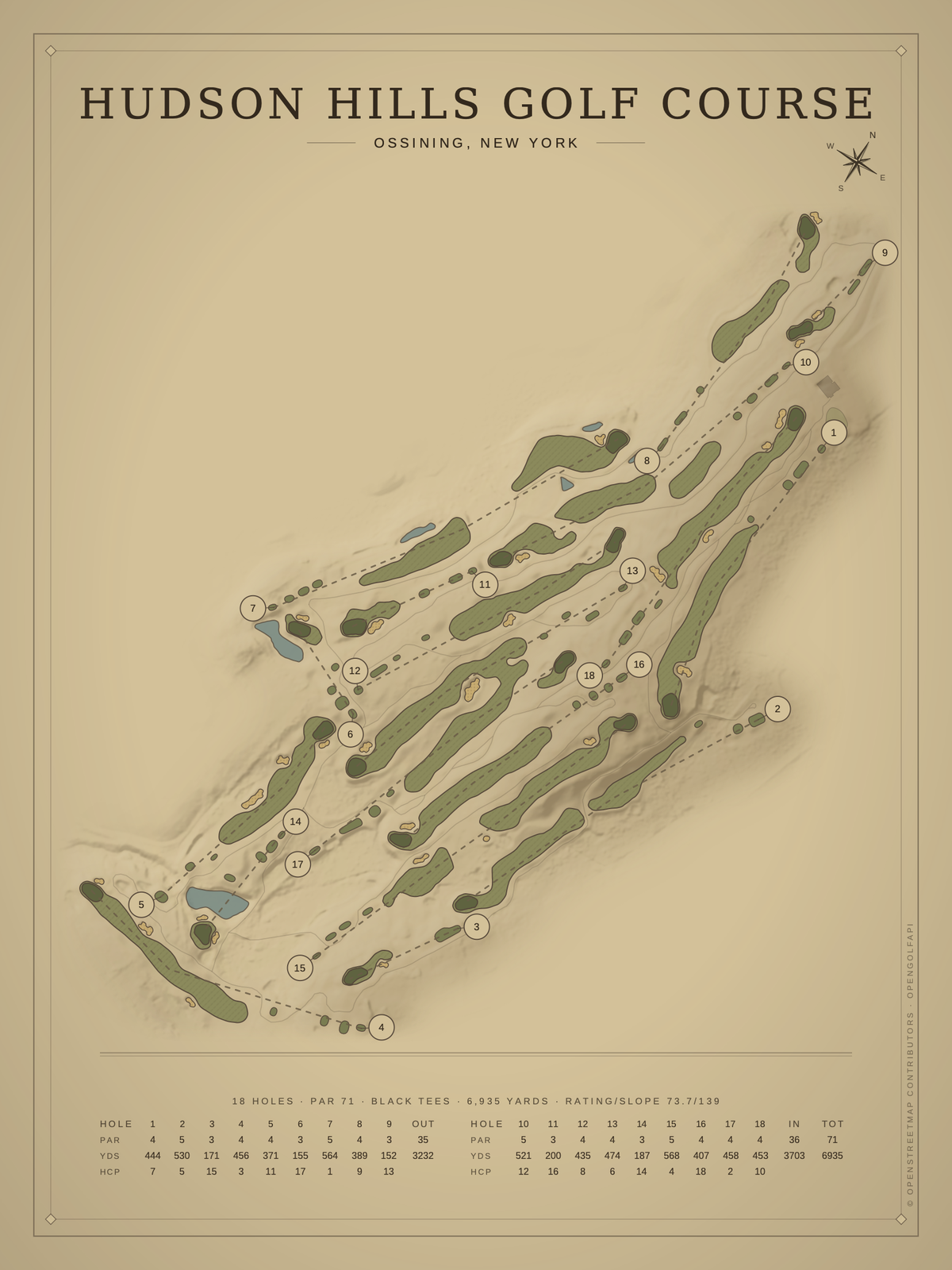 Hudson Hills Golf Course map poster, Vintage style, 12×16 / 18×24