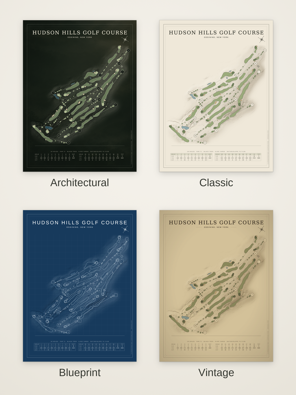 Hudson Hills Golf Course map poster in four styles: Architectural, Classic, Blueprint and Vintage