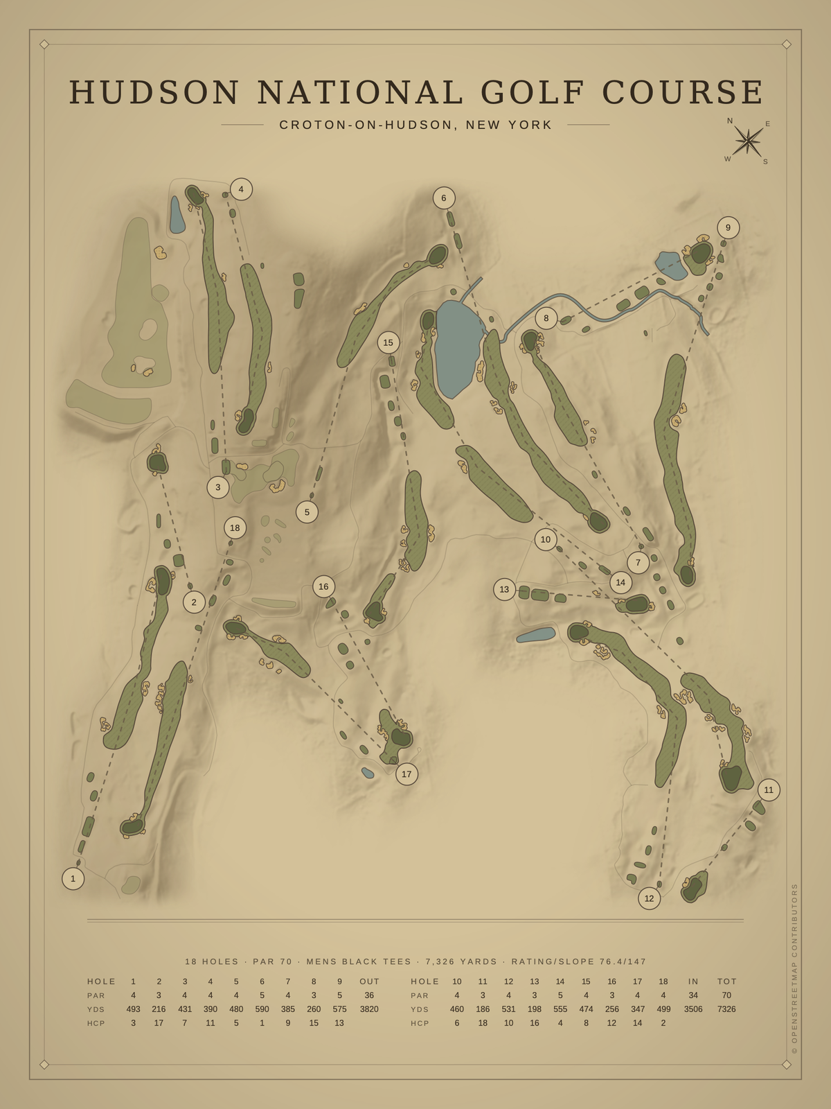 Hudson National Golf Course map poster, Vintage style, 12×16 / 18×24