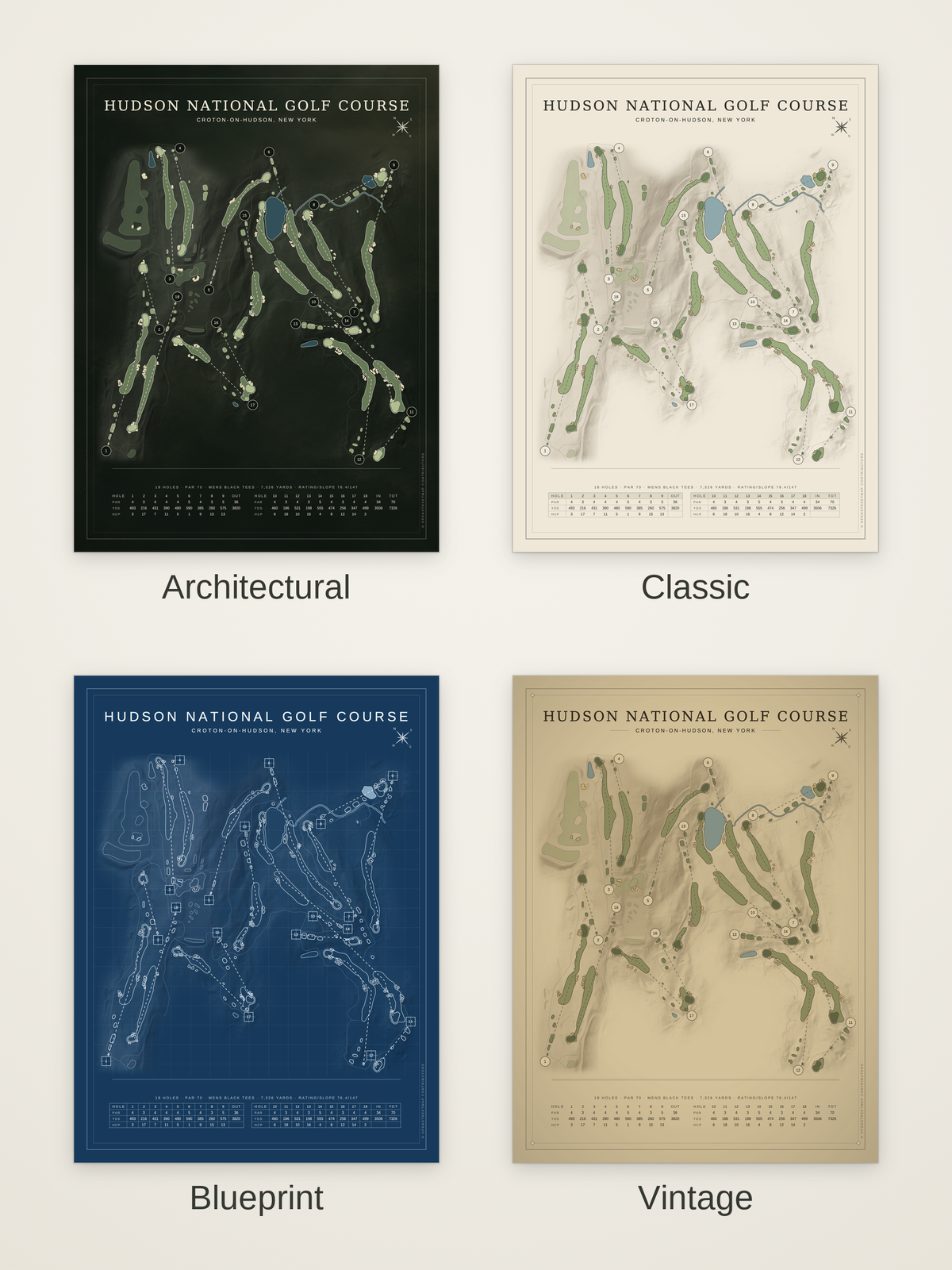 Hudson National Golf Course map poster in four styles: Architectural, Classic, Blueprint and Vintage