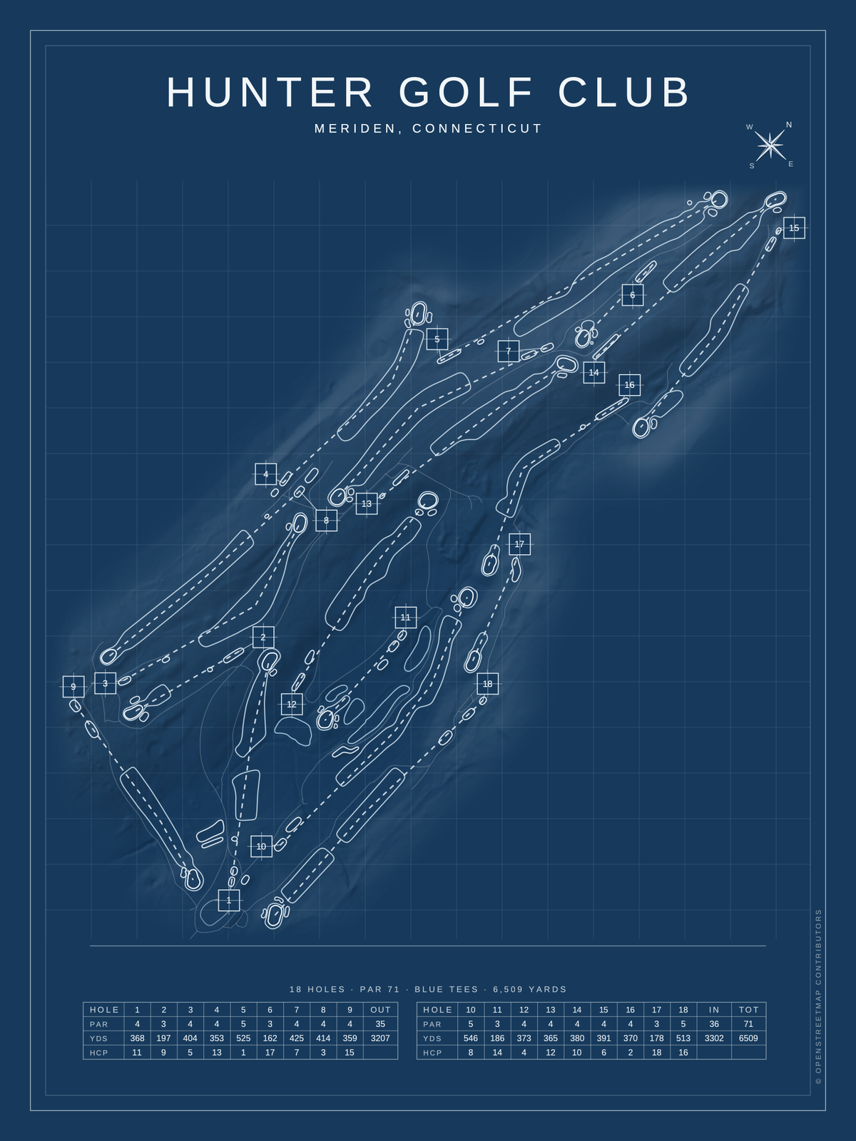 Hunter Golf Club course map poster, Blueprint style, 12×16 / 18×24