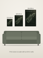 Hunter Golf Club course map poster in the Architectural style at 12×16, 18×24 and 24×36 inches, shown to scale on a wall above an 84-inch sofa