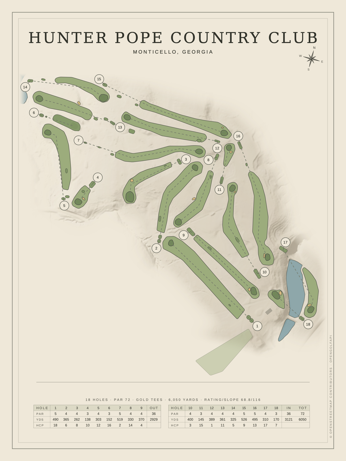 Hunter Pope Country Club course map poster, Classic style, 12×16 / 18×24