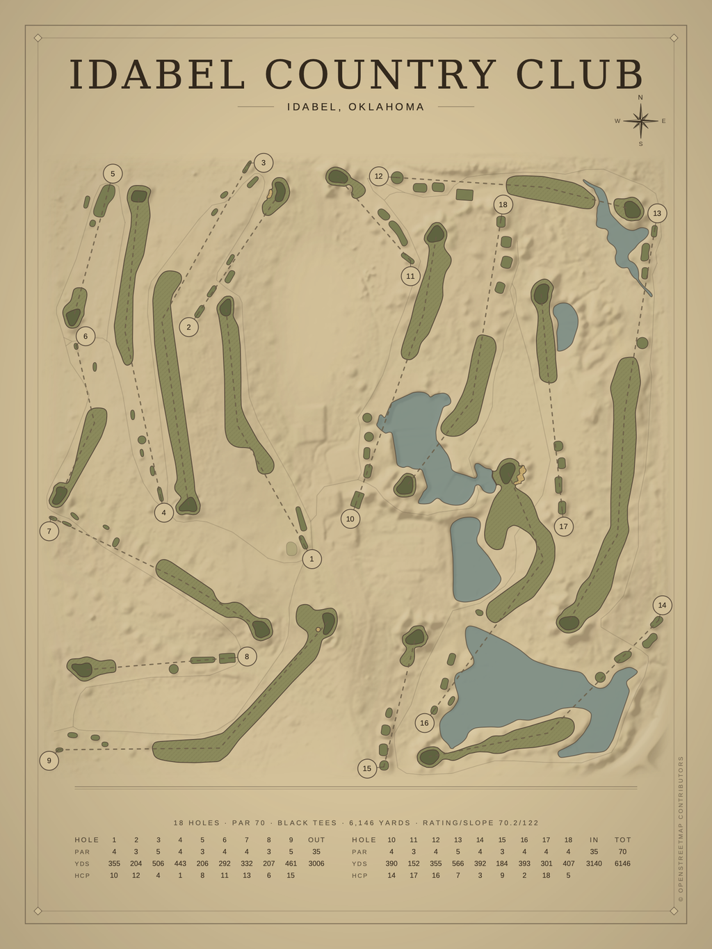 Idabel Country Club course map poster, Vintage style, 12×16 / 18×24