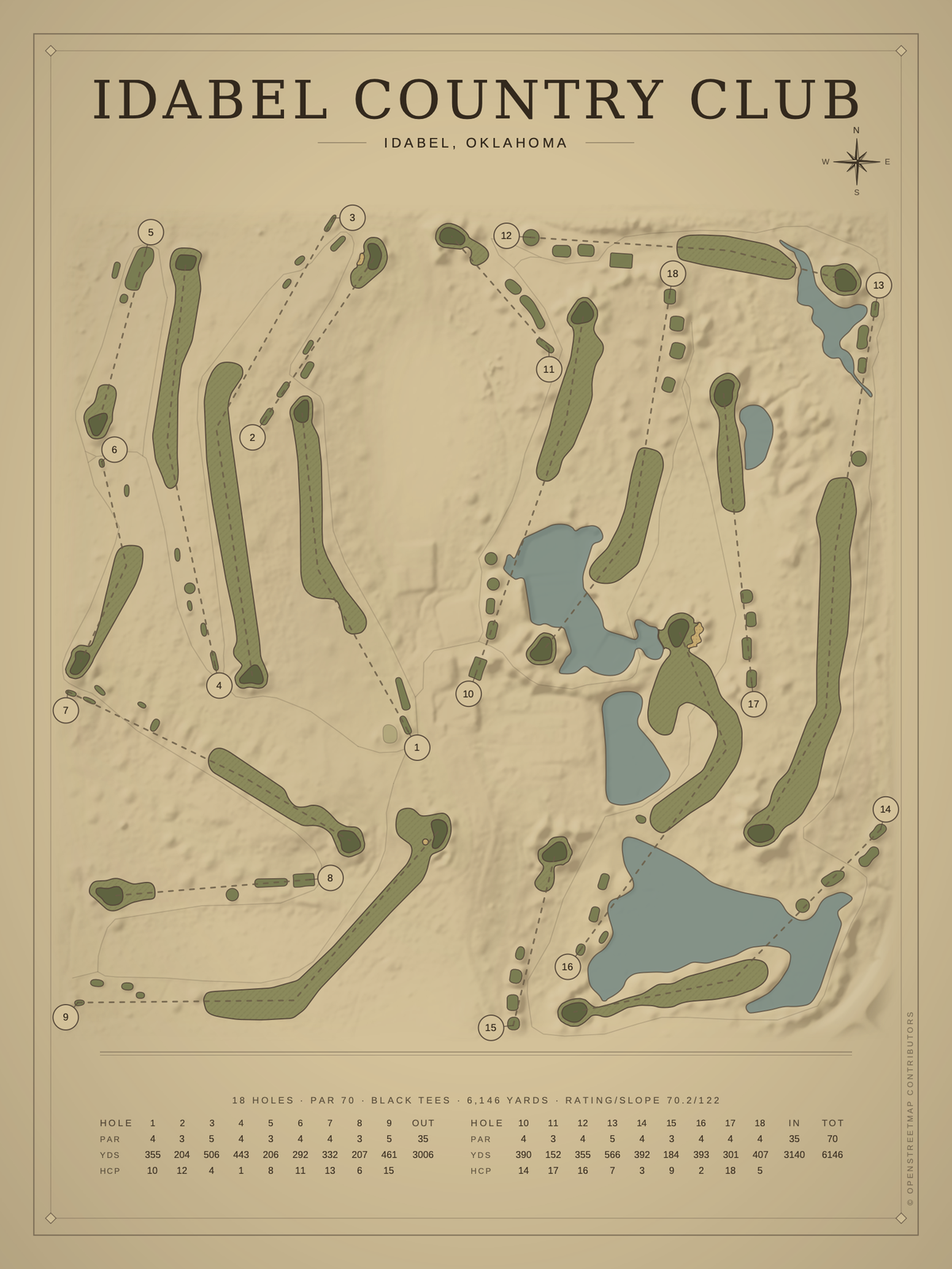 Idabel Country Club course map poster, Vintage style, 12×16 / 18×24
