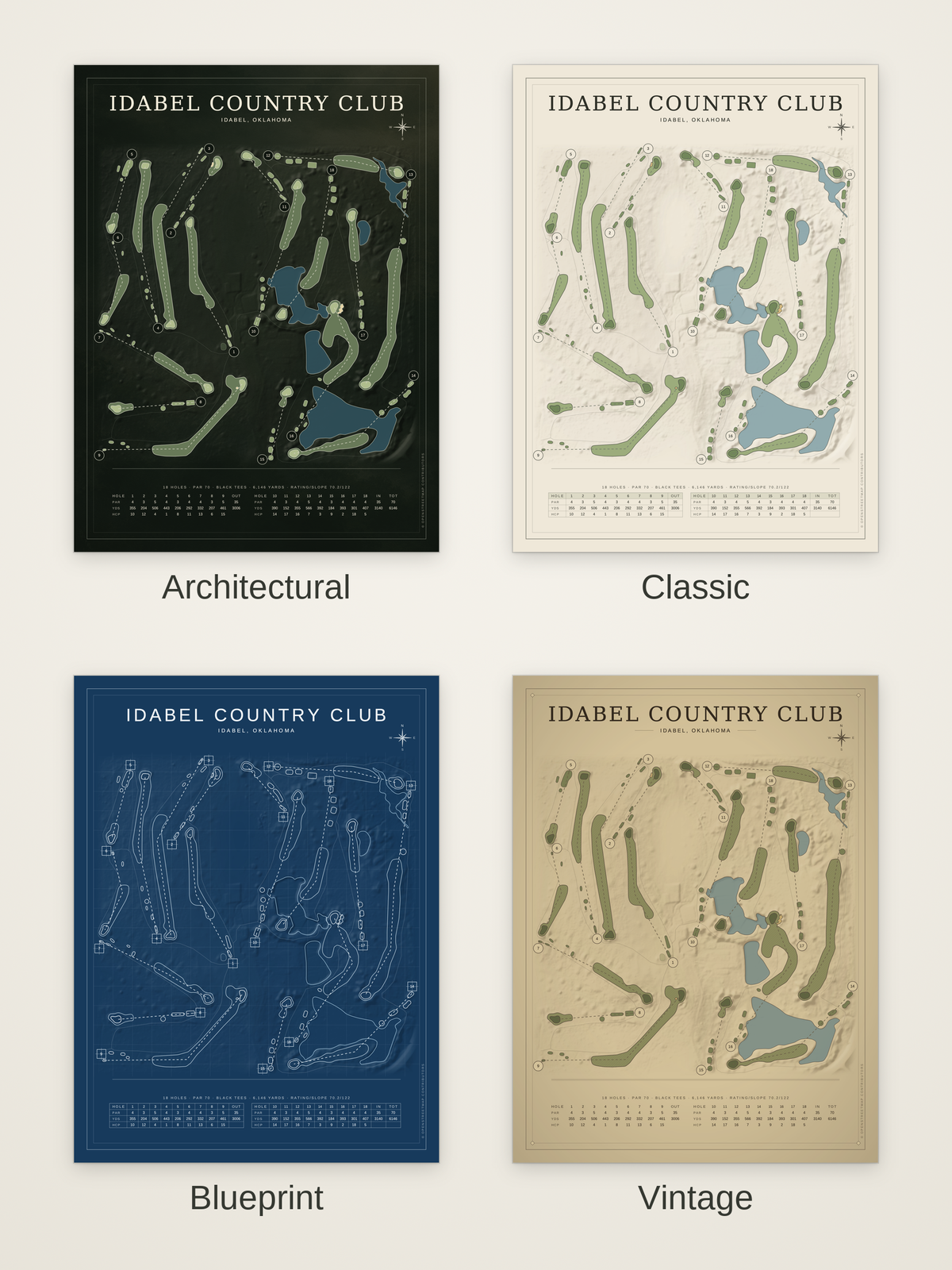 Idabel Country Club course map poster in four styles: Architectural, Classic, Blueprint and Vintage