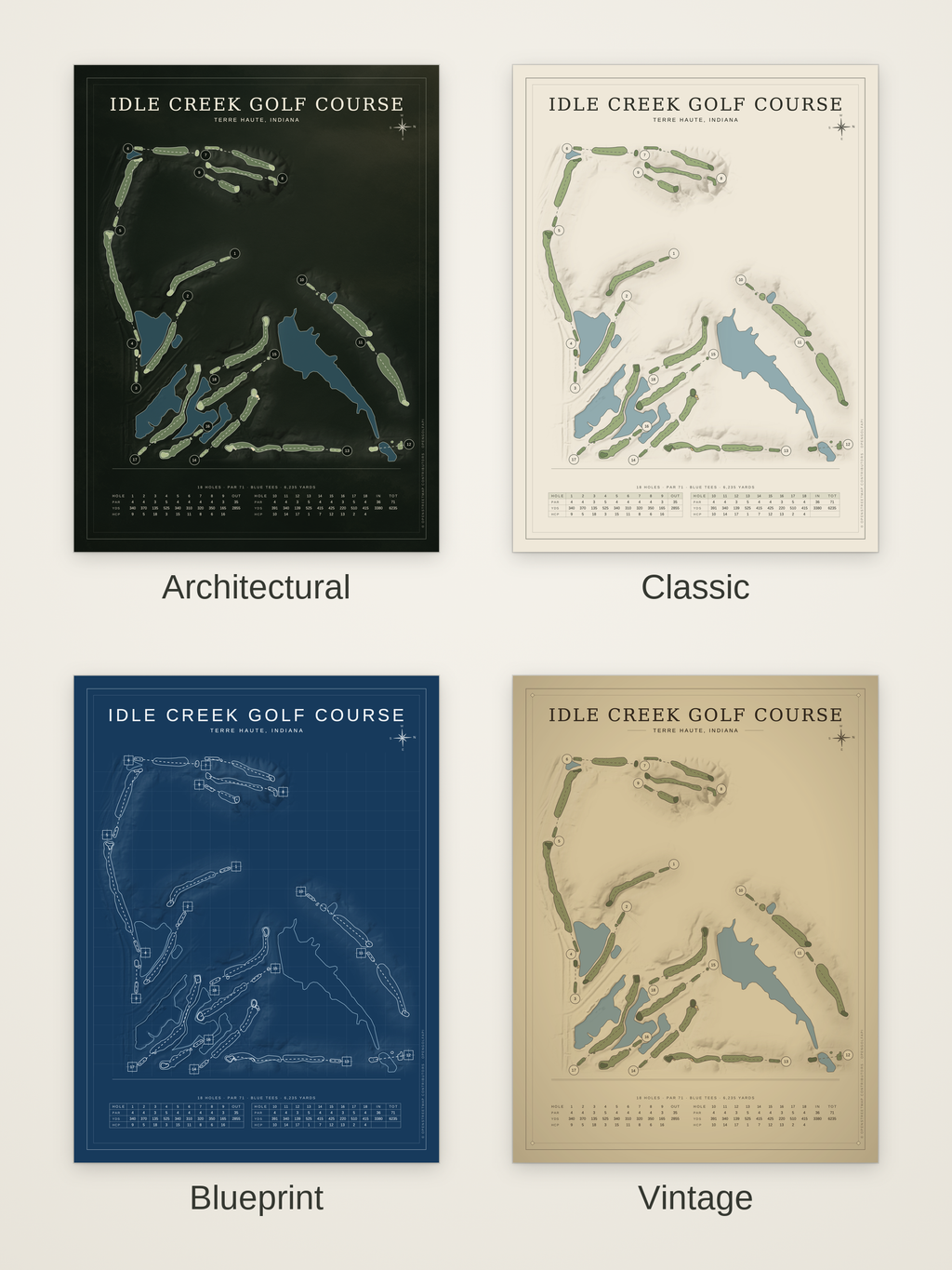Idle Creek Golf Course map poster in four styles: Architectural, Classic, Blueprint and Vintage