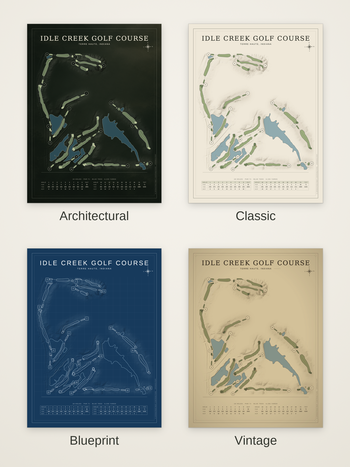 Idle Creek Golf Course map poster in four styles: Architectural, Classic, Blueprint and Vintage