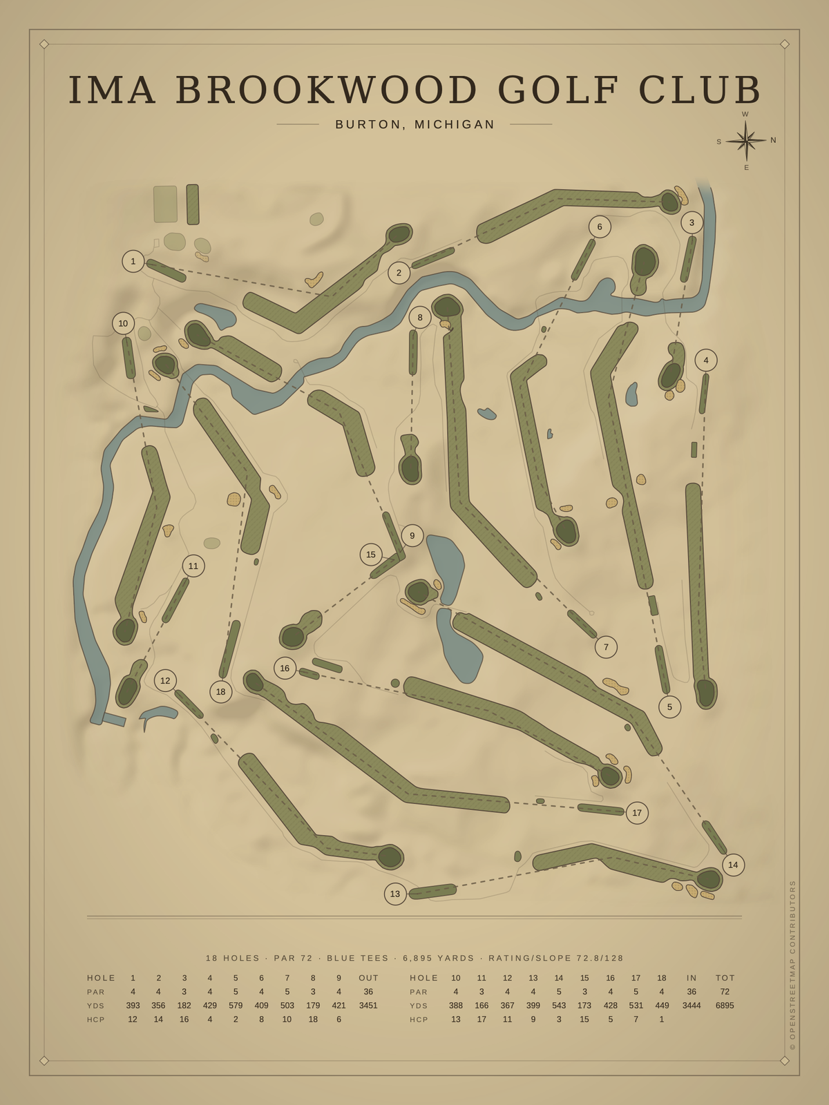 IMA Brookwood Golf Club course map poster, Vintage style, 12×16 / 18×24