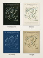 IMA Brookwood Golf Club course map poster in four styles: Architectural, Classic, Blueprint and Vintage