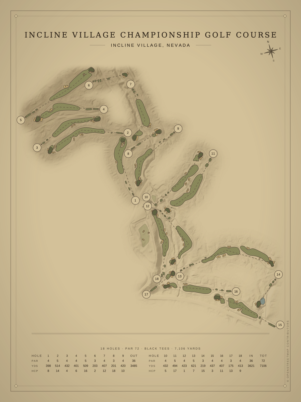 Incline Village Championship Golf Course Course map poster, Vintage style, 12×16 / 18×24