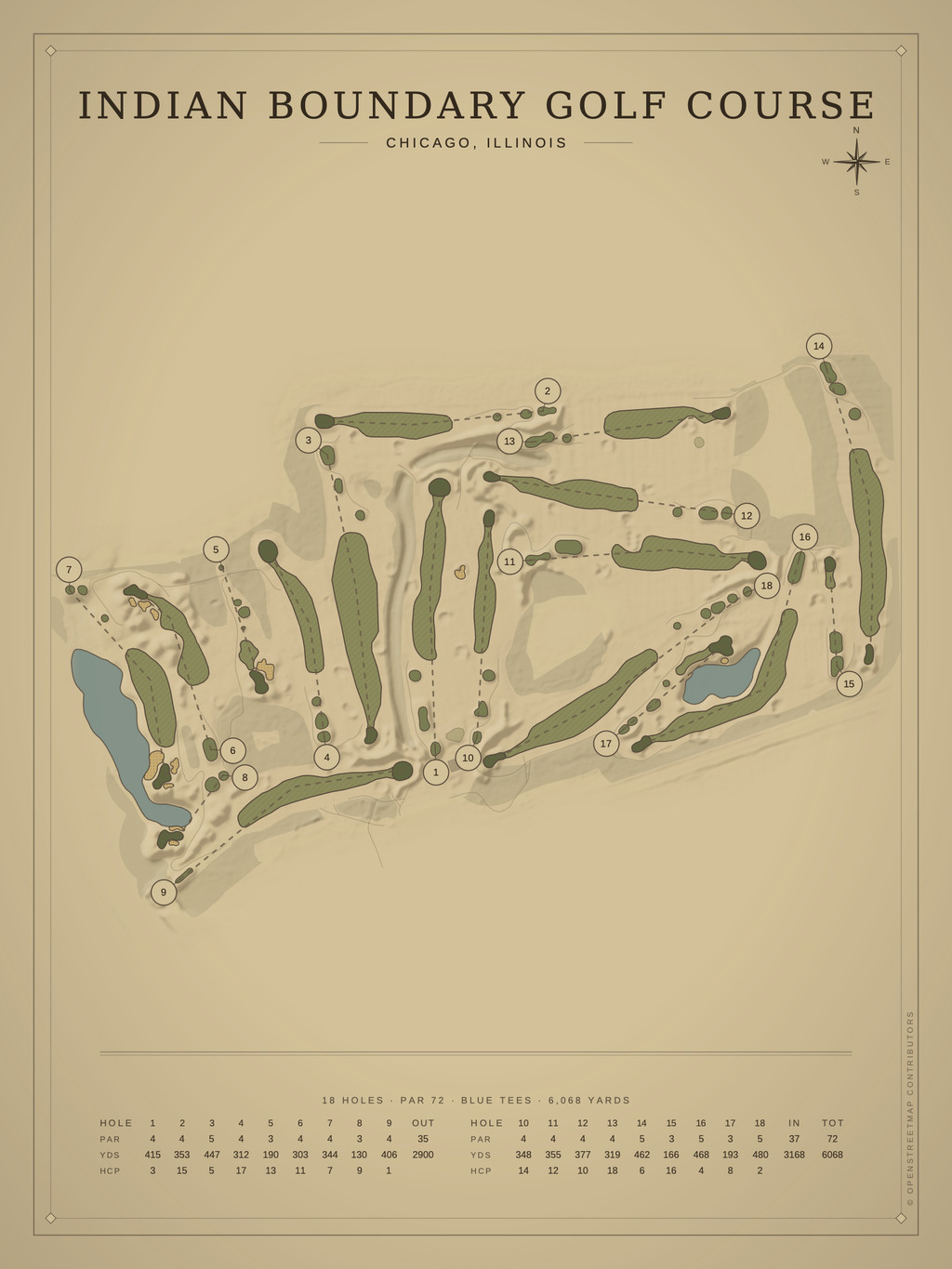 Indian Boundary Golf Course map poster, Vintage style, 12×16 / 18×24