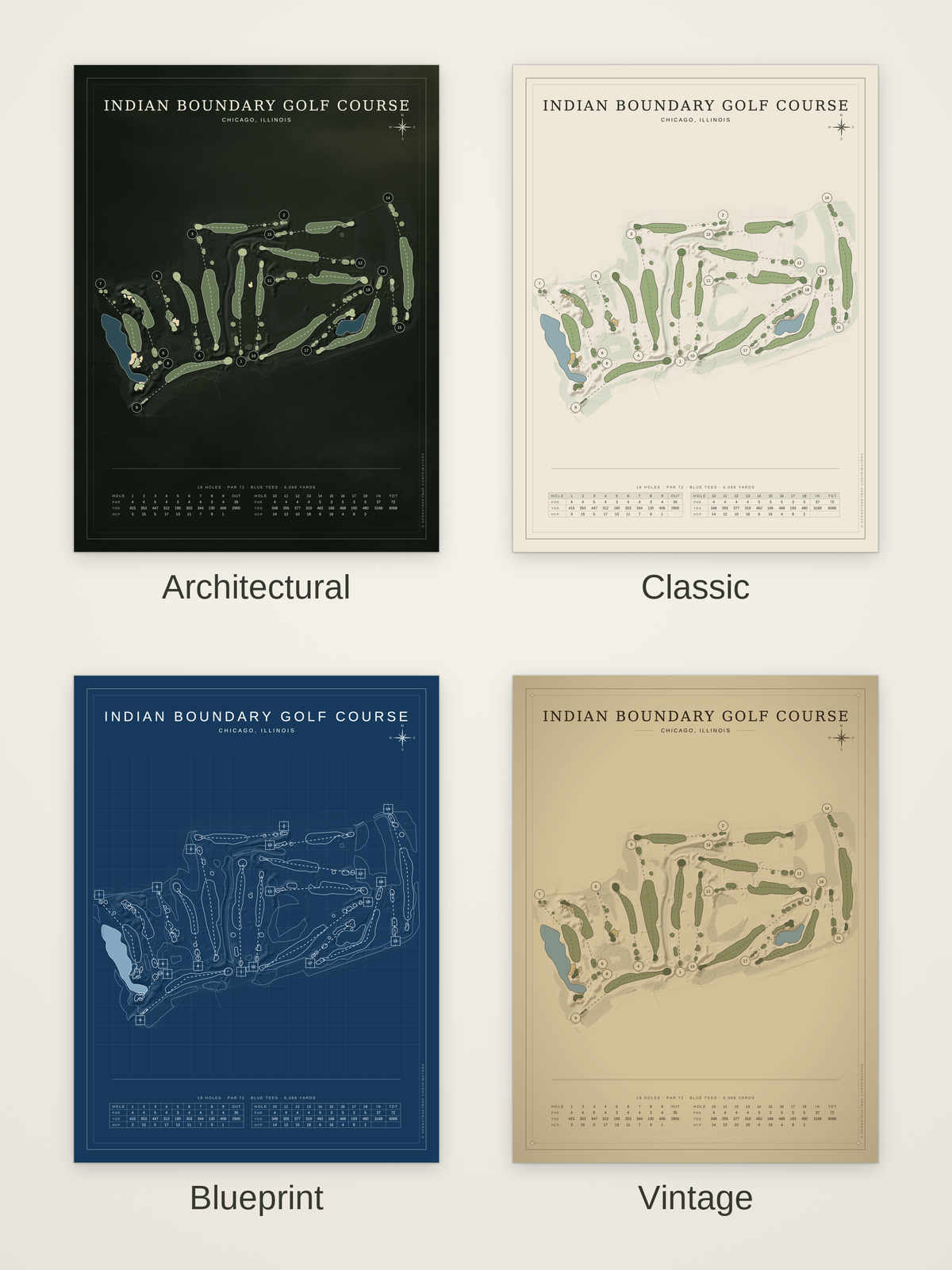 Indian Boundary Golf Course map poster in four styles: Architectural, Classic, Blueprint and Vintage