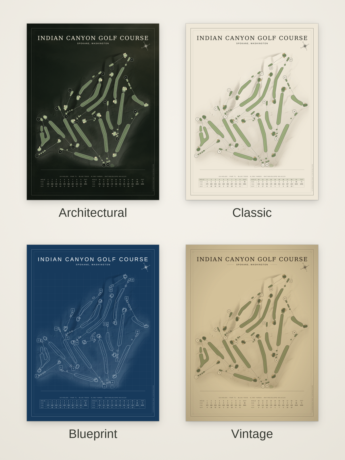 Indian Canyon Golf Course map poster in four styles: Architectural, Classic, Blueprint and Vintage