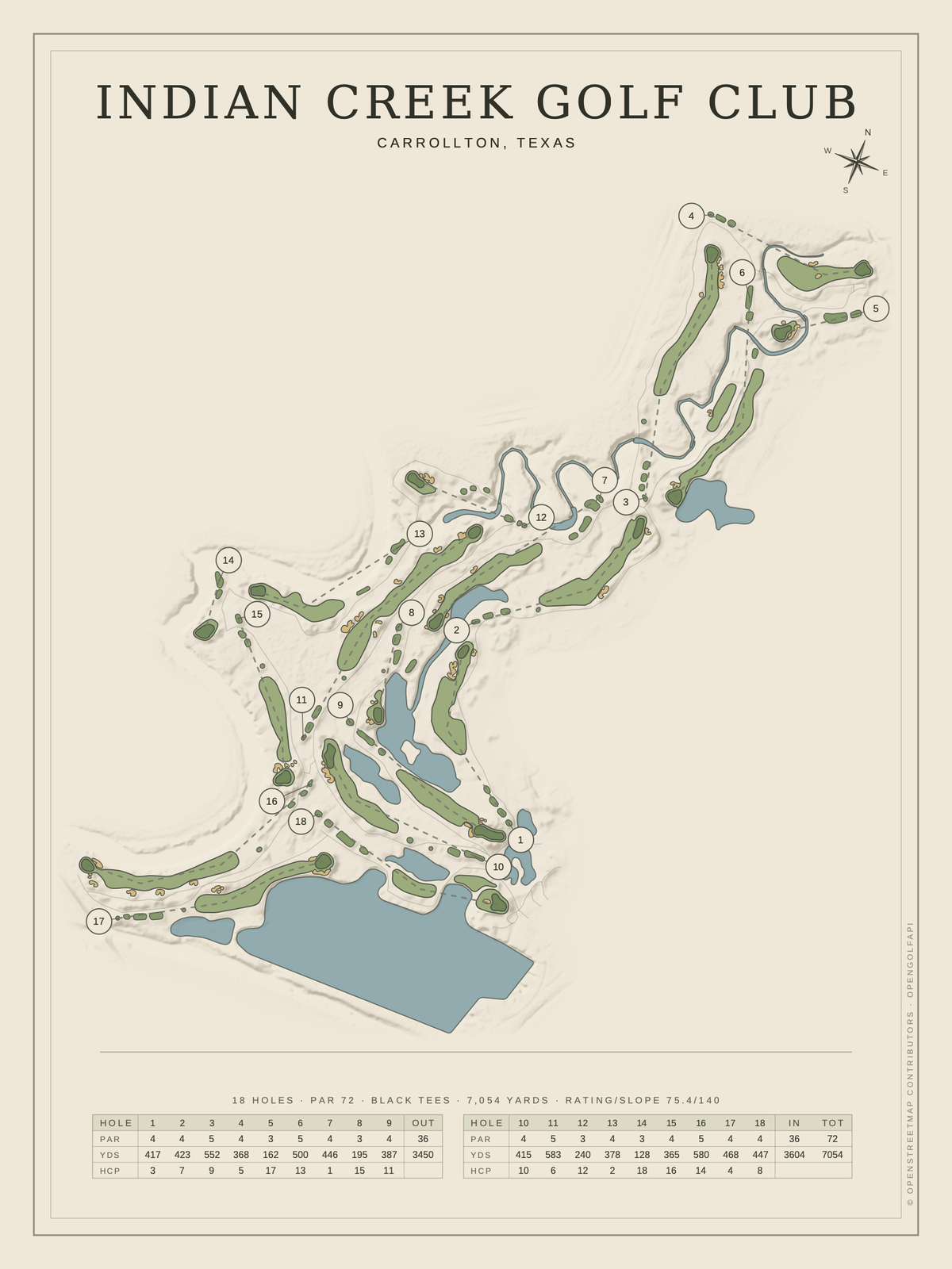 Indian Creek Golf Club course map poster, Classic style, 12×16 / 18×24