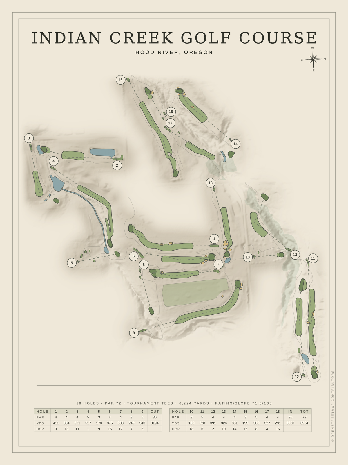 Indian Creek Golf Course map poster, Classic style, 12×16 / 18×24