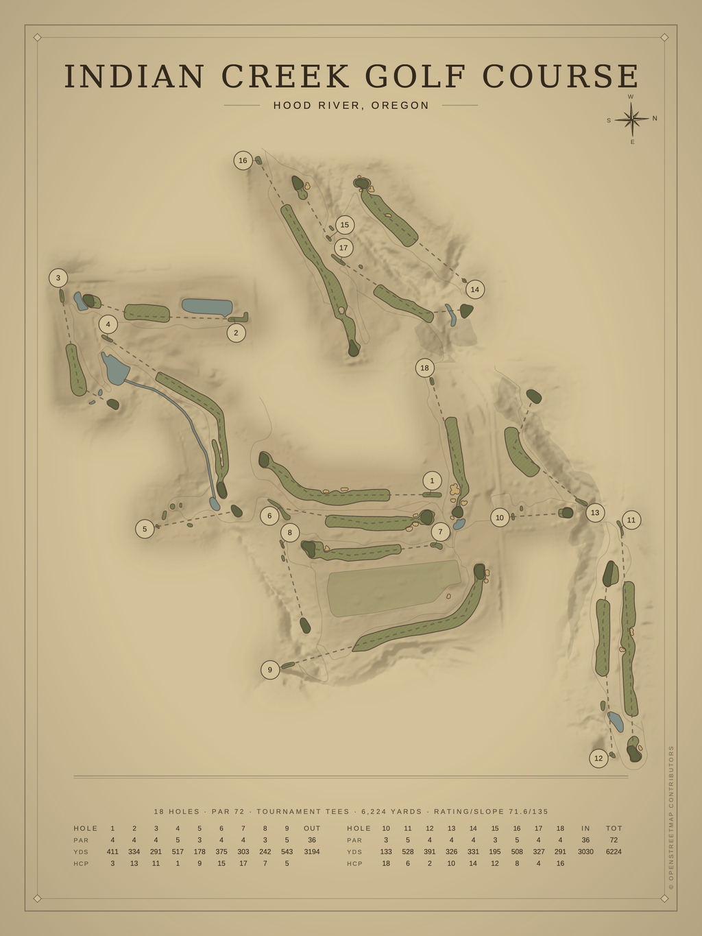 Indian Creek Golf Course map poster, Vintage style, 12×16 / 18×24