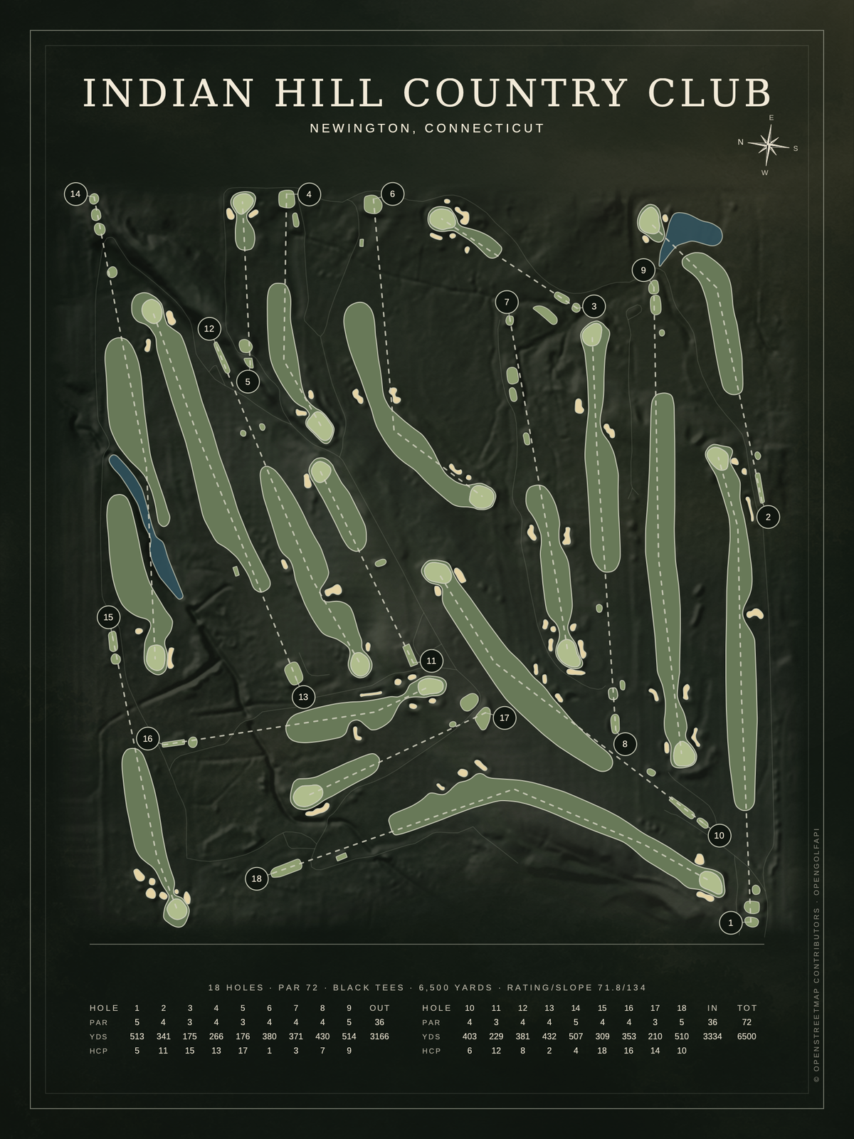 Indian Hill Country Club course map poster, Architectural style, 12×16 / 18×24