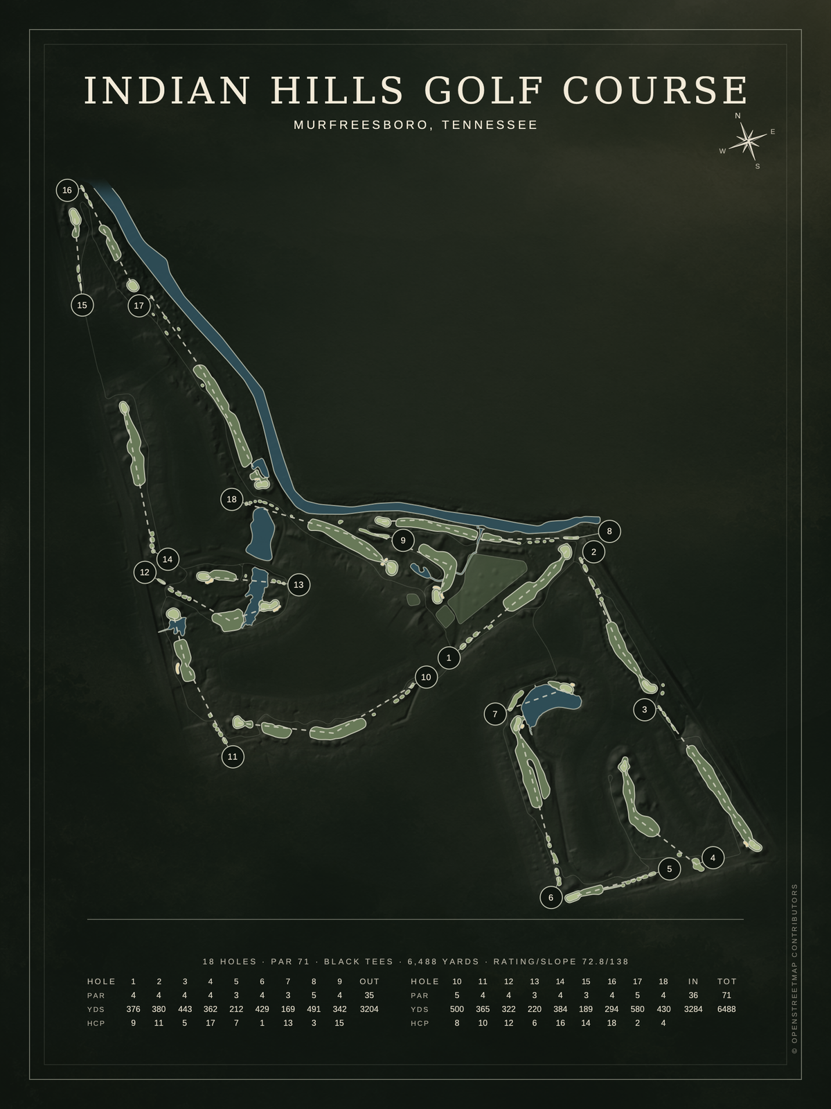 Indian Hills Golf (Murfreesboro) course map poster, Architectural style, 12×16 / 18×24