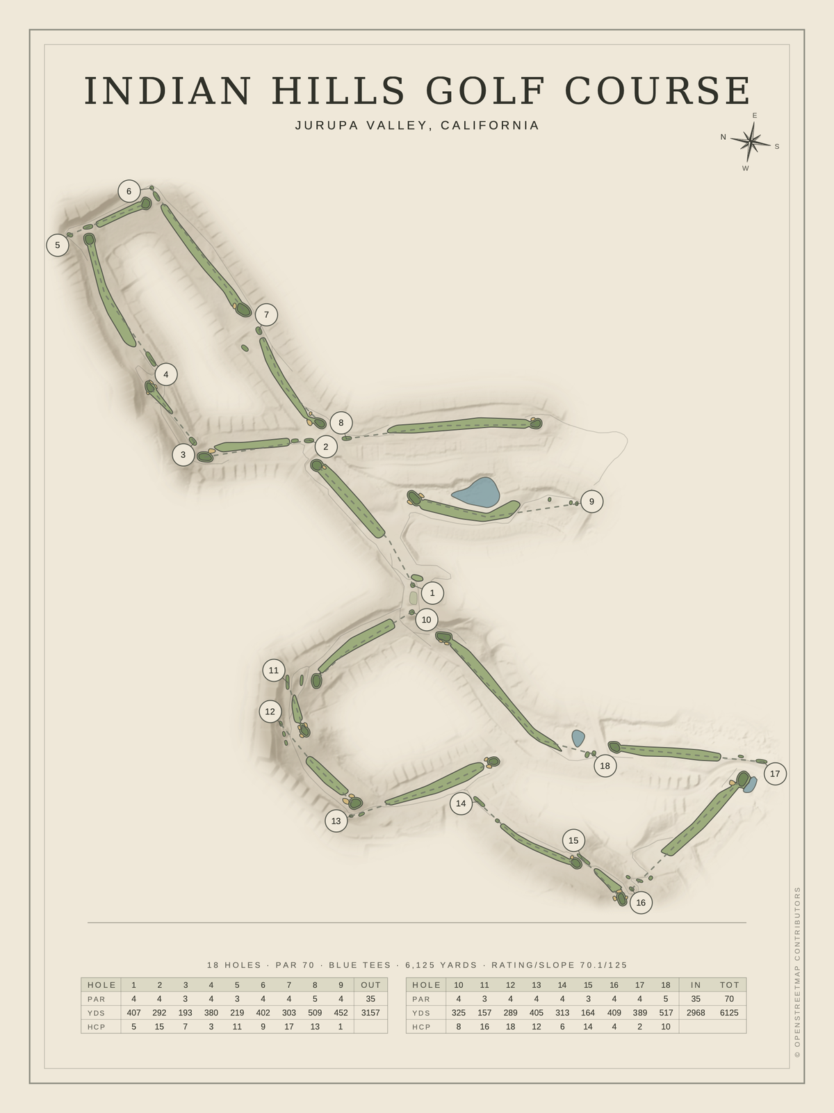 Indian Hills Golf Course map poster, Classic style, 12×16 / 18×24