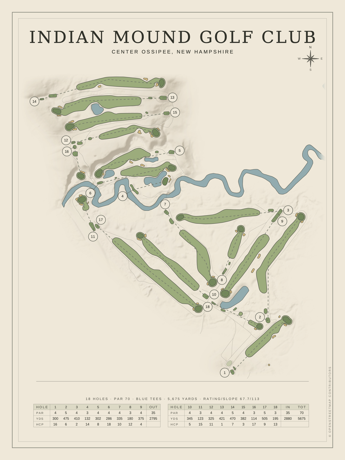 Indian Mound Golf Club course map poster, Classic style, 12×16 / 18×24