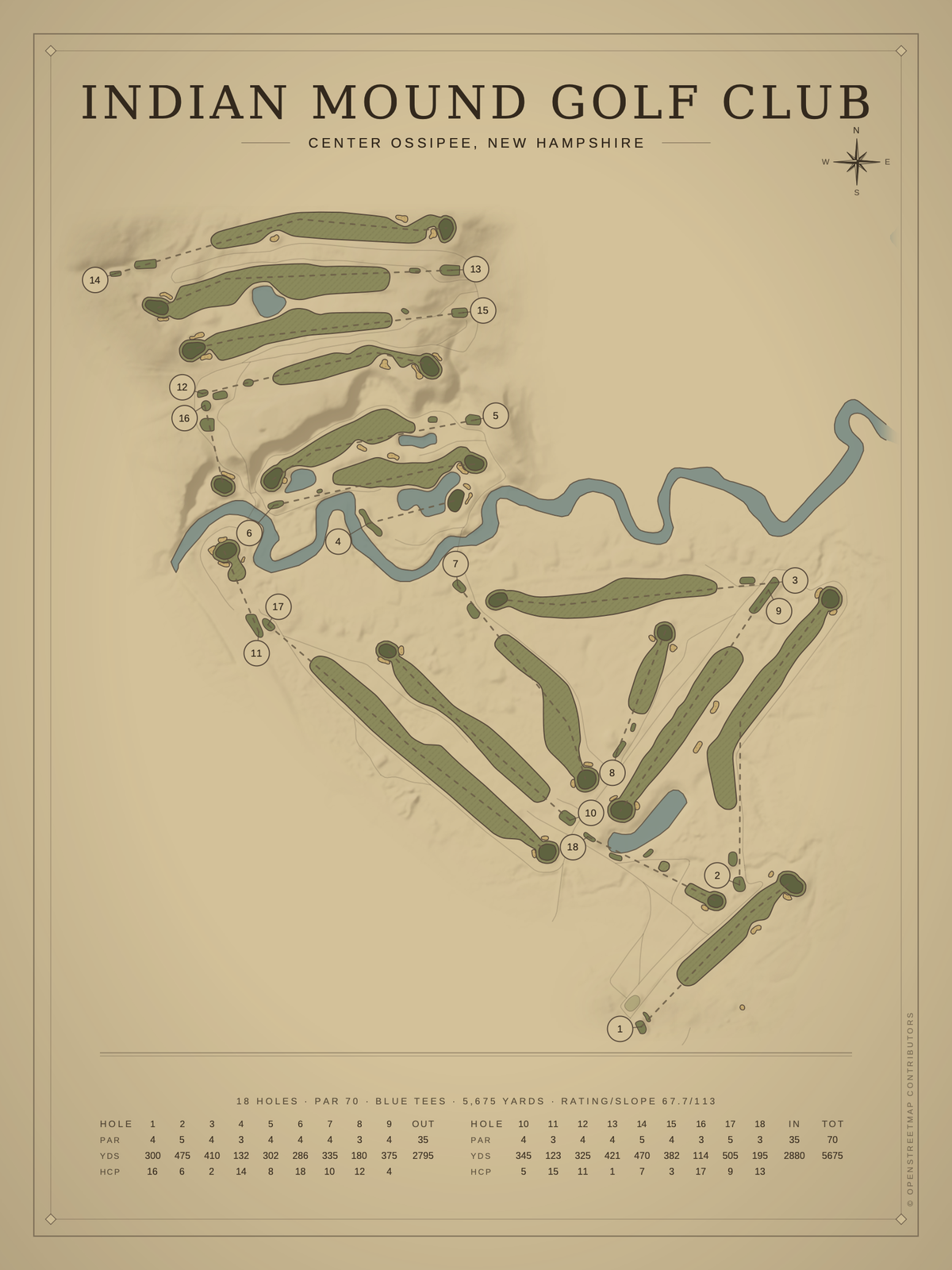 Indian Mound Golf Club course map poster, Vintage style, 12×16 / 18×24