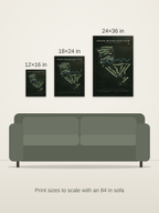 Indian Mound Golf Club course map poster in the Architectural style at 12×16, 18×24 and 24×36 inches, shown to scale on a wall above an 84-inch sofa